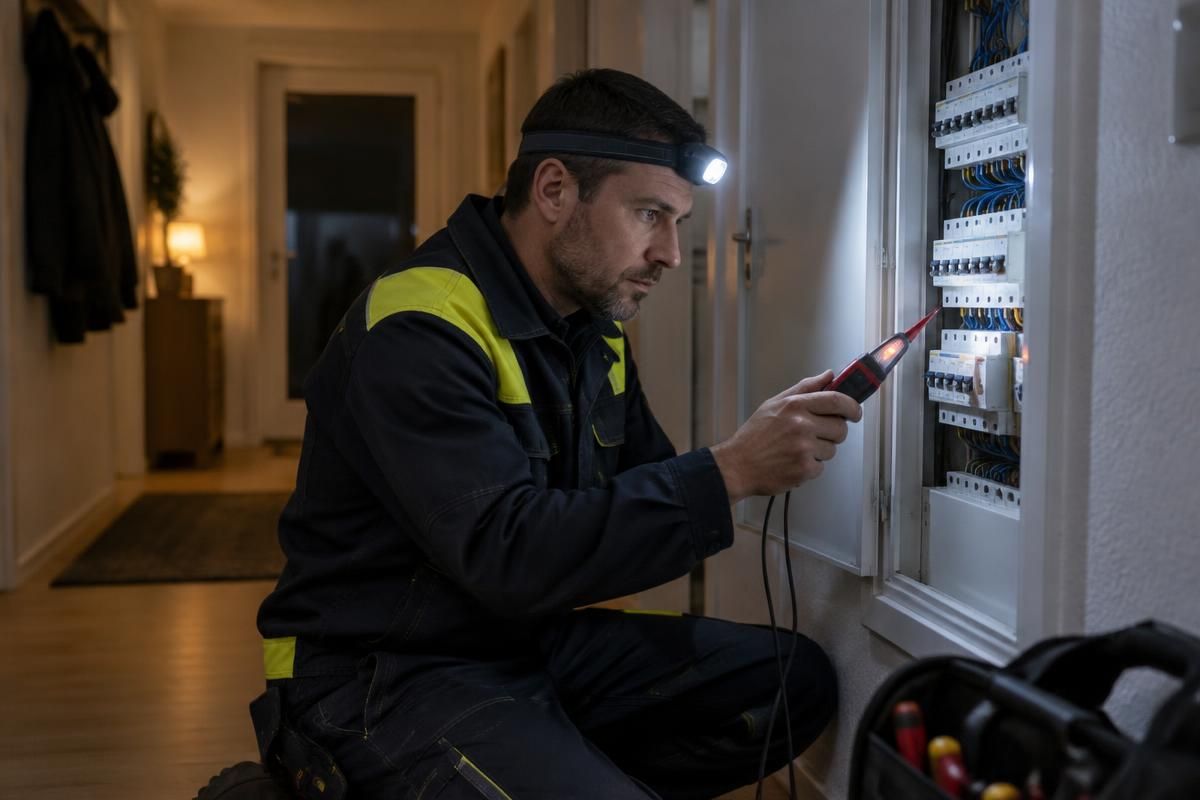 Elektriker von SOS Elektrotechnik Becker prüft nachts einen Sicherungskasten