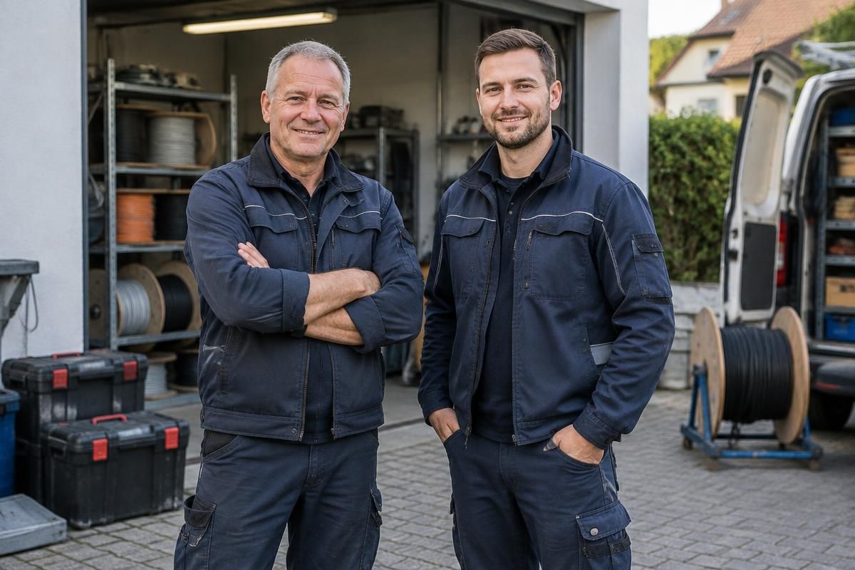 Vater und Sohn von SOS Elektrotechnik Becker vor der eigenen Werkstatt